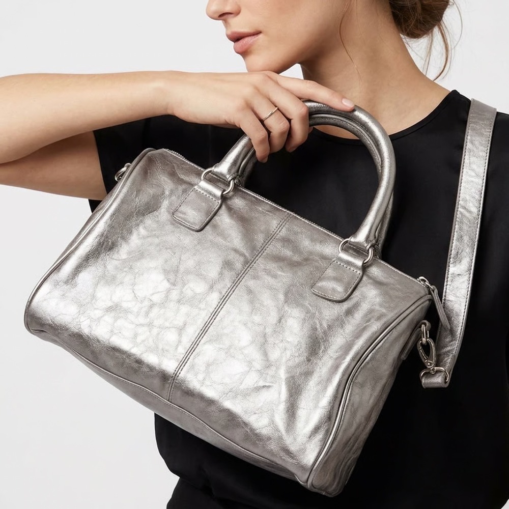 Unbranded Satchel Women Medium Pewter Metallic Crossbody Buckle Silver Excellent